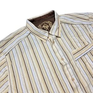 Prana Striped Button Up Short Sleeve Casual Shirt Outdoors XL Brown‎ Yellow